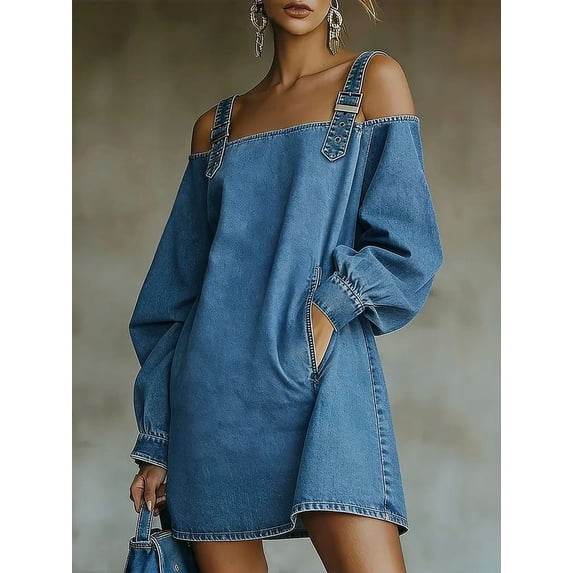 Women's Western Style Denim Mini Dress Off Shoulder Long Lantern Sleeve Dress with Side Pockets