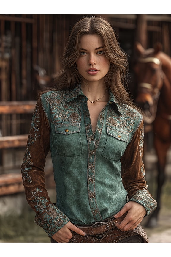 Women's Western Style Embroidered Suede Blouse with Pointed Collar Button Front and Gold Button Pockets
