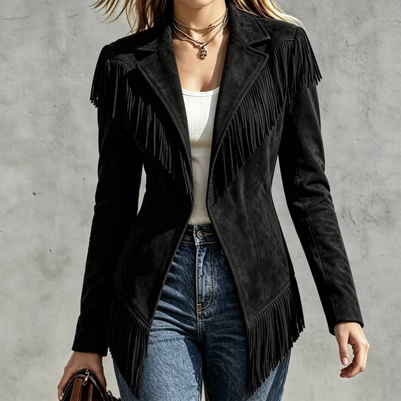 Women's Western Style Faux Suede Fringe Jacket, Lapel Long Sleeve Vintage Open Front Coat, Casual Tassel Outerwear for Daily Wear 02-Black M