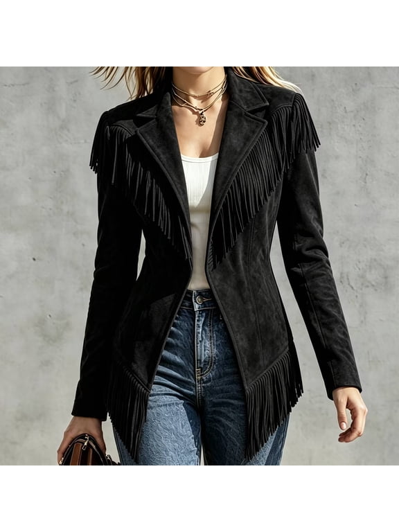 Women's Western Style Faux Suede Fringe Jacket, Lapel Long Sleeve Vintage Open Front Coat, Casual Tassel Outerwear for Daily Wear 02-Black M