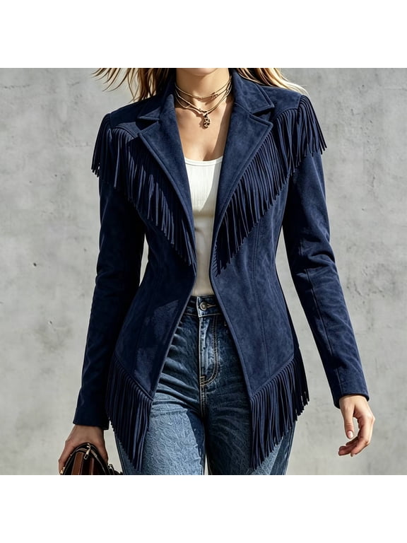 Women's Western Style Faux Suede Fringe Jacket, Lapel Long Sleeve Vintage Open Front Coat, Casual Tassel Outerwear for Daily Wear 06-Navy L