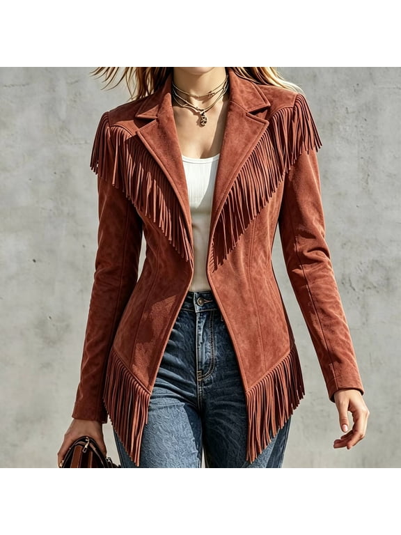 Women's Western Style Faux Suede Fringe Jacket, Lapel Long Sleeve Vintage Open Front Coat, Casual Tassel Outerwear for Daily Wear 07-Wine S