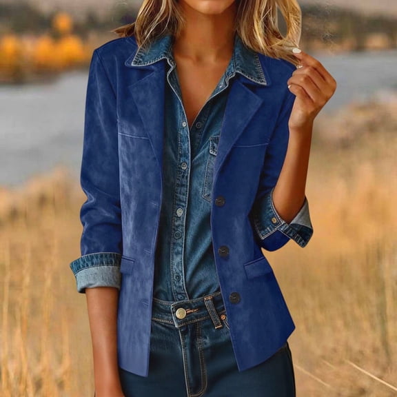 Women's Western Style Faux Suede Motorcycle Jacket, Autumn Winter Casual Blazer, Oversized Lapel Button Down Coat, Retro Inspired Outerwear, Versatile Everyday Jacket Dark Blue M