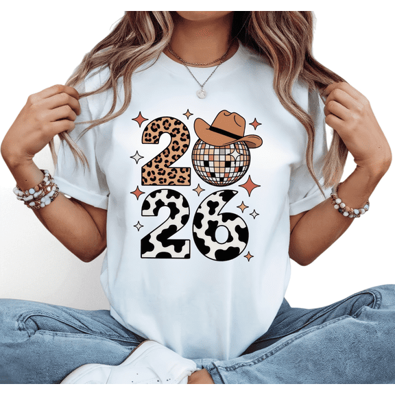 Women's Western T-Shirt - 2026 Disco Cow Graphic Tees - Animal Print Rodeo Party Short Sleeve Tops