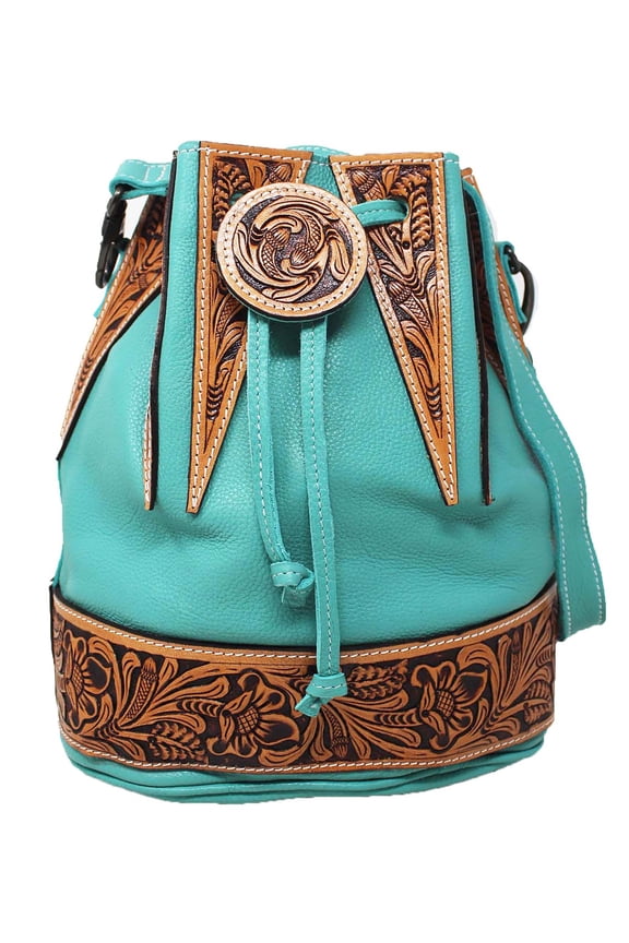 Women's Western Turquoise Pebbled Leather Floral Tooled Drawstring Bucket Bag Purse 18FKH32TR