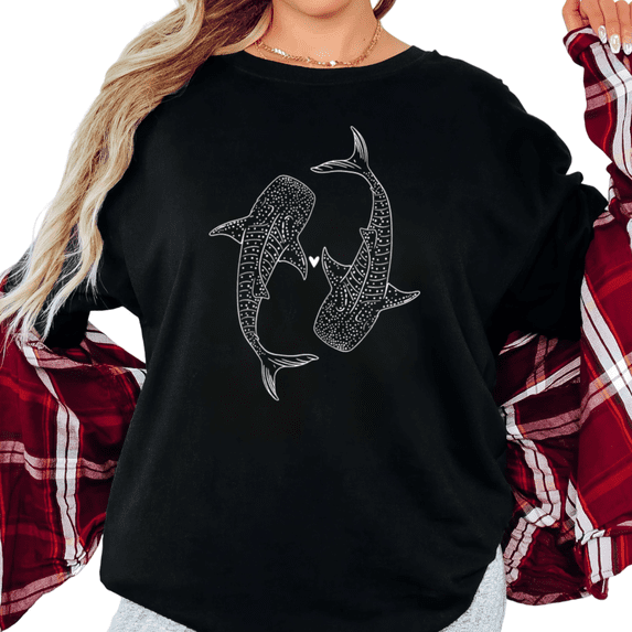 Women's Whale Shark Heart Line Art Ocean Graphic Cotton Tee Shark Lover Short Sleeve Round Neck Top Black S-5XL