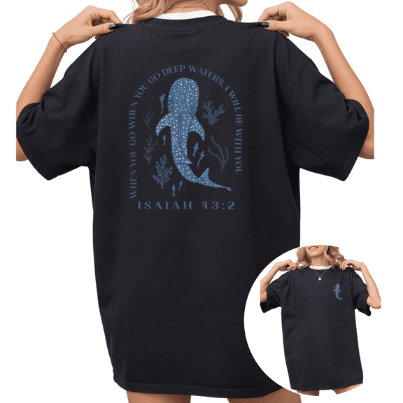 Women's When You Go Through Deep Waters I Will Be With You Isaiah 43:2 Graphic Tee Short Sleeve Round Neck Top Black S-5XL