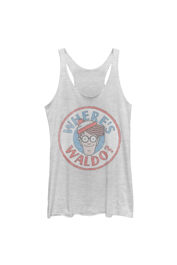 Women's Where's Waldo Retro Character Circle Racerback Tank Top White Heather Small