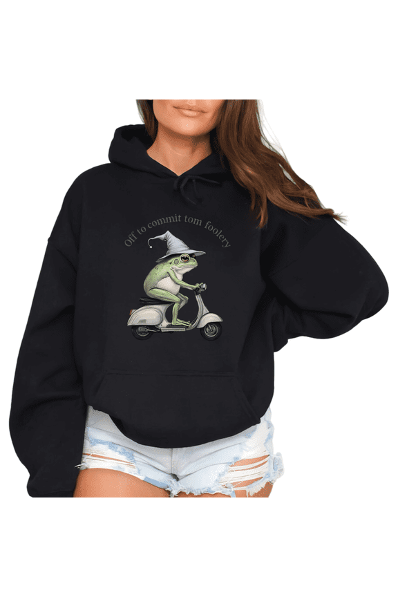 Women's Whimsical Witch Frog Riding Scooter "Off To Commit Tom Foolery" Meme Graphic Casual Hooded long-sleeved Black S-2XL