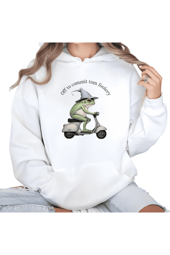 Women's Whimsical Witch Frog Riding Scooter "Off To Commit Tom Foolery" Meme Graphic Casual Hooded long-sleeved White S-2XL