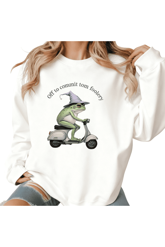 Women's Whimsical Wizard Frog "Off To Commit Tom Foolery" On Scooter Graphic Sweatshirt Round-neck long-sleeved White S-3XL