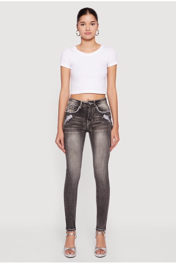 Women's Whiskered Skull Pocket Design Skinny Jeans