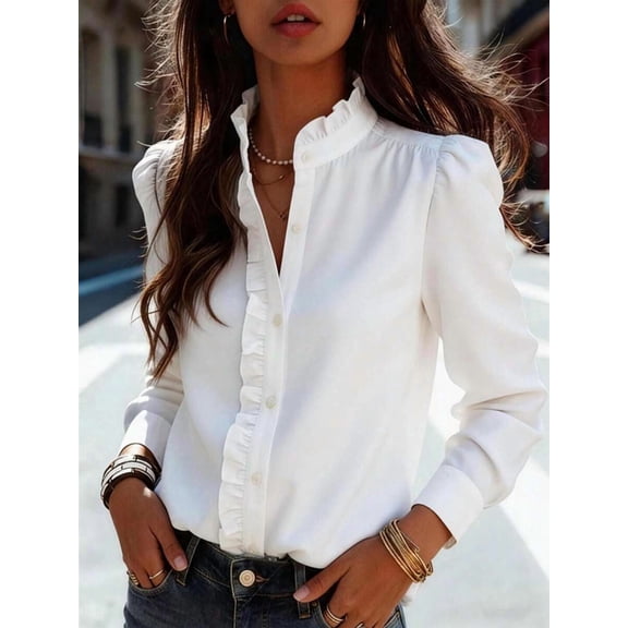 Women's White 3/4 Sleeve Button Down Puff Sleeve Blouse