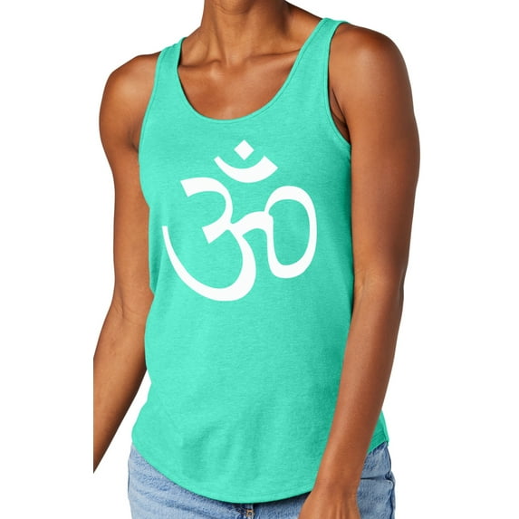 Women's White AUM Hindu Symbol Moisture-Wicking Relaxed Yoga Tank Top, Large Aqua Heather