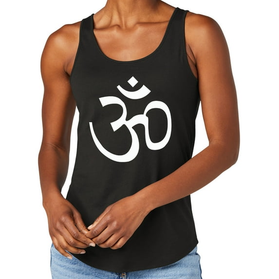 Women's White AUM Hindu Symbol Moisture-Wicking Relaxed Yoga Tank Top, Small Black