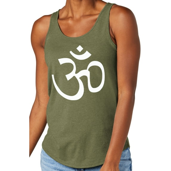 Women's White AUM Hindu Symbol Moisture-Wicking Relaxed Yoga Tank Top, XL Military Green
