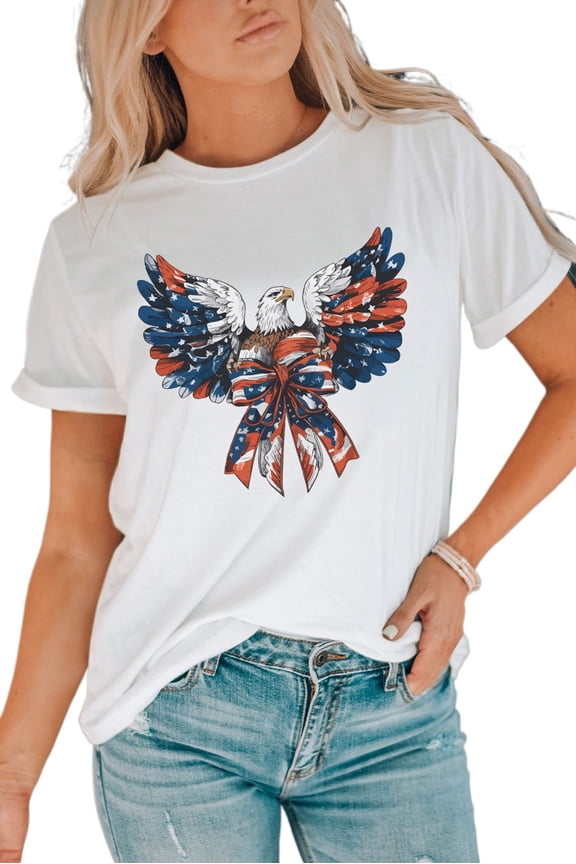 Women's White American Flag Eagle Print Graphic Tee for Independence Day - [ZhiHiMeRi] | (US 8-10)M