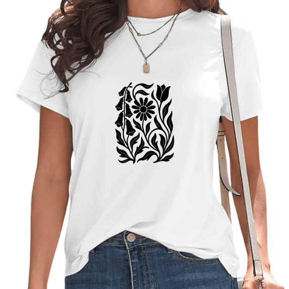 Women's White Art Nouveau Floral Block Print T-Shirt Casual Short Sleeve Tees for Boho Floral Lover Tops S-5XL