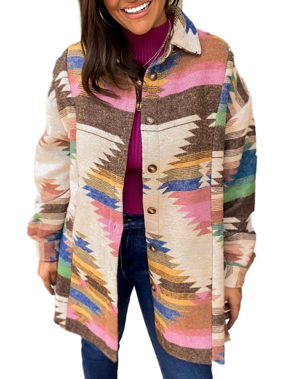 Women's White Aztec Print Button Up Shacket