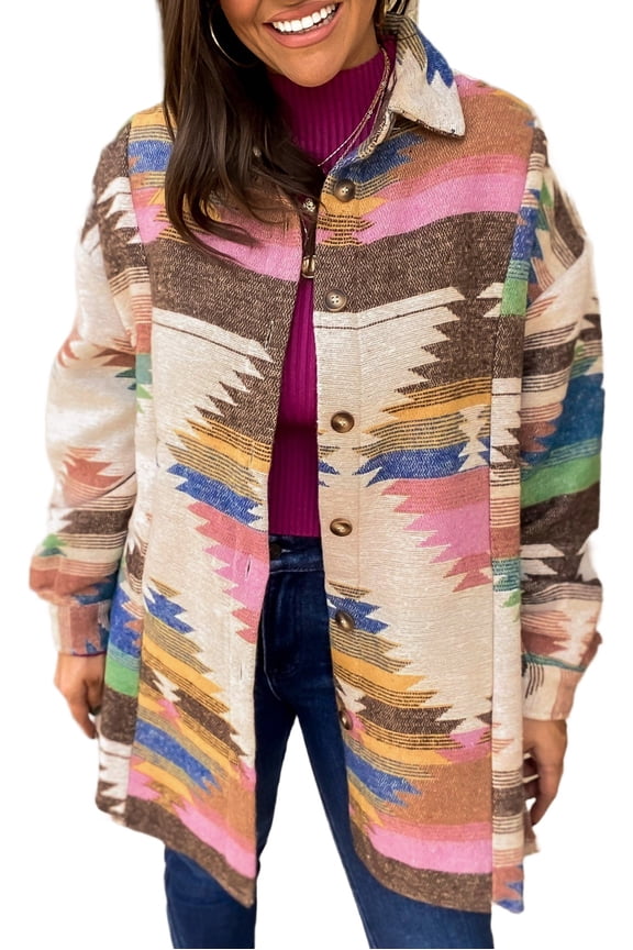 Women's White Aztec Print Button Up Shacket