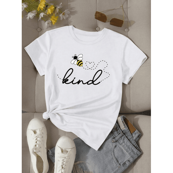 Women's White "Bee Kind" T-Shirt Cute Honey Bee Heart Graphic Tee Casual Short Sleeve Crewneck Top