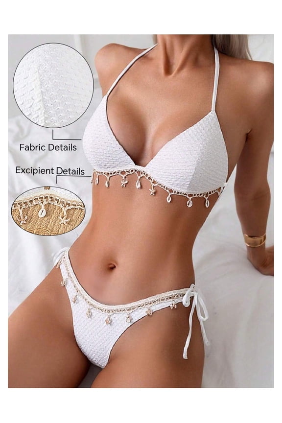 Women's White Bikini Set - Halter Fringe Bikini Top with Lace Trim, Low Rise Tie Side Bikini Bottom, Shell Bead Accent, Bohemian Beach Swimsuit - S