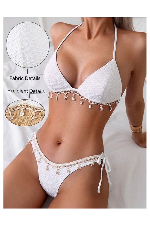 Women's White Bikini Set Halter Top, Fringe Tassel Bikini, Lace Trim Low Rise Tie Side Bottom, Shell Bead Accent Bohemian Swimsuit - L