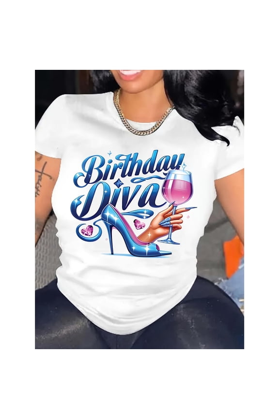 Women's White "Birthday Diva" Graphic Tee Plus Size S-5XL, Glam Printed T-Shirt, Casual Oversized Top for Birthday & Fashion Enthusiasts