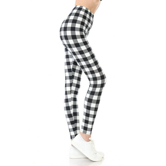 Women's White Black Plaid Print Leggings Buttery Soft High Waist Stretchy Tights One Size