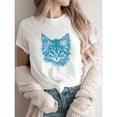 thumbnail image 1 of Women's White Blue Cat Graphic Tee Plus Size S-5XL, Artistic Printed T-Shirt, Casual Oversized Top for Cat & Style Enthusiasts, 1 of 5