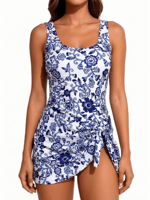 Women's Blue Floral Print One Piece Swimdress Swimsuit with Tummy Control, Ruched Side and Side Tie Knot - Slimming Modest Bathing Suit for Beach, Pool S-XL