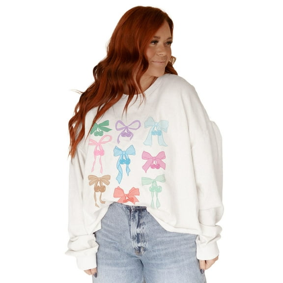 Women's White Bowknot Pattern Drop Shoulder Loose Sweatshirt - Casual Chic - [ZhiHiMeRi] | (US 20-22)2XL