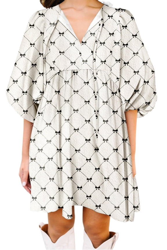 Women's White Bowtie Pattern Textured Puff Half Sleeve Mini Dress | [ZhiHiMeRi] | (US 12-14)L