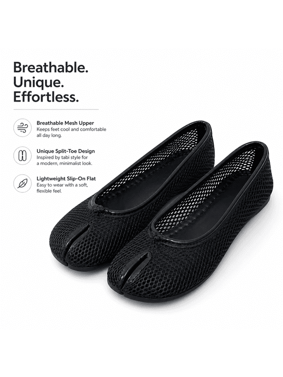 Women's White Breathable Mesh Split-Toe Flats, Lightweight Slip-On Casual Comfort Ballet Shoes