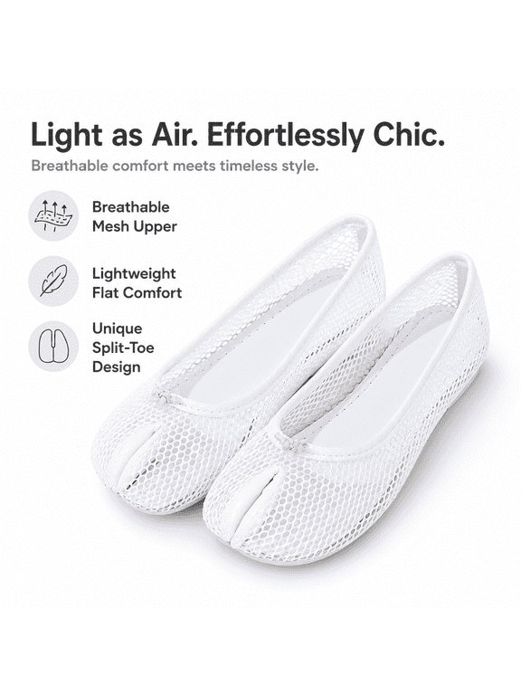 Women's White Breathable Mesh Split-Toe Flats, Lightweight Slip-On Casual Comfort Ballet Shoes