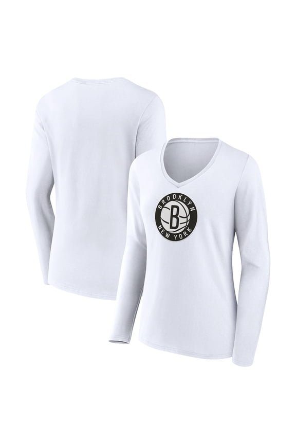 Women's White Brooklyn Nets Logo Long Sleeve V-Neck T-Shirt