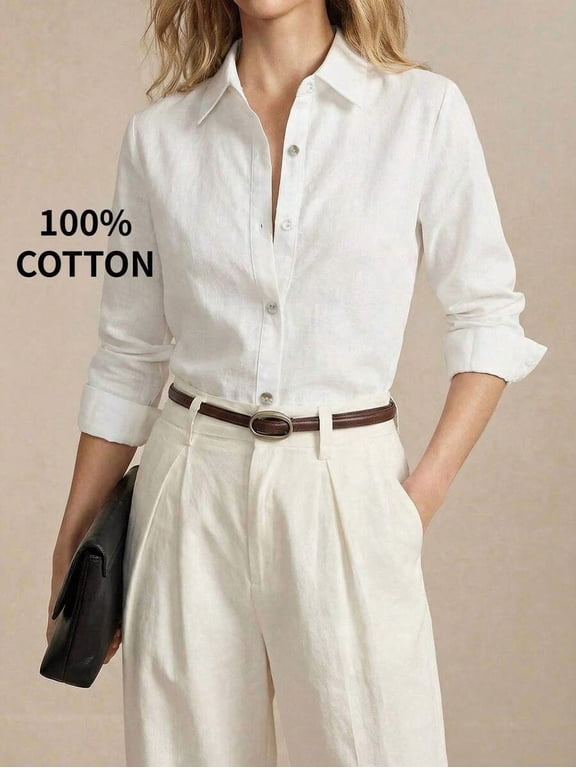 Women's White Button-Down Shirt, Lapel Collar Single-Breasted Slim Fit Top
