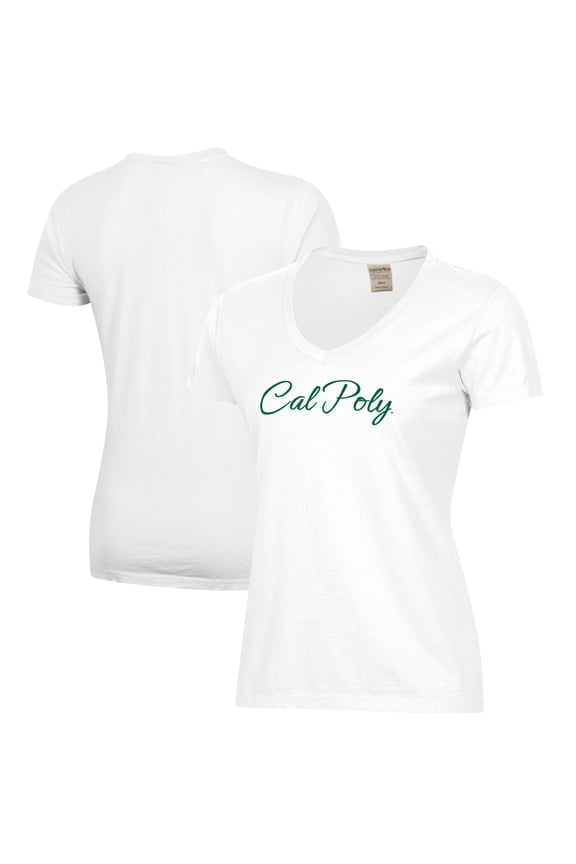 Women's White Cal Poly Mustangs Script Logo Comfort Wash V-Neck T-Shirt