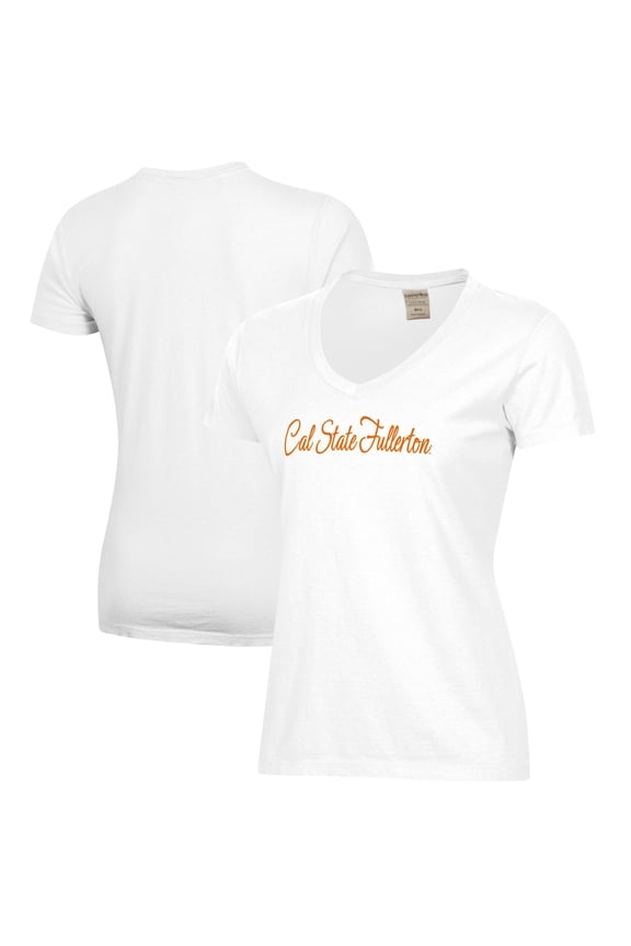Women's White Cal State Fullerton Titans Script Logo Comfort Wash V-Neck T-Shirt
