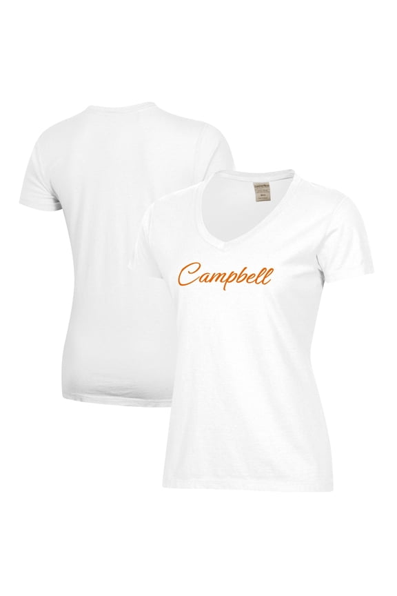 Women's  White Campbell Fighting Camels Script Logo Comfort Wash V-Neck T-Shirt