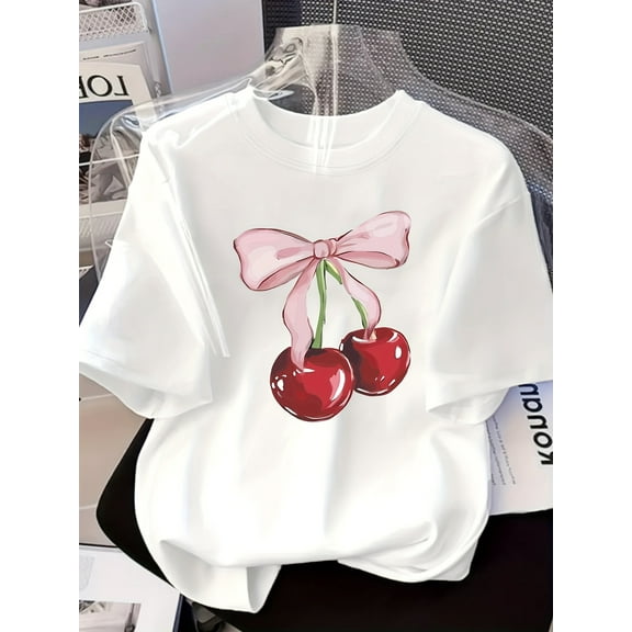 Women's White Casual T-Shirt with Cherry Print & Pink Bow, Stretchy Polyester Blend, Round Neck Short Sleeve Top for Spring Summer Fall