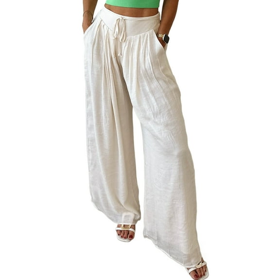 Women's White Casual Tie Waist Pleated Wide Leg Pants for Summer | [ZhiHiMeRi] | (US 16-18)XL