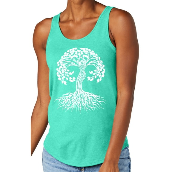 Women's White Celtic Tree Moisture-Wicking Relaxed Yoga Tank Top, Extra-Small Aqua Heather