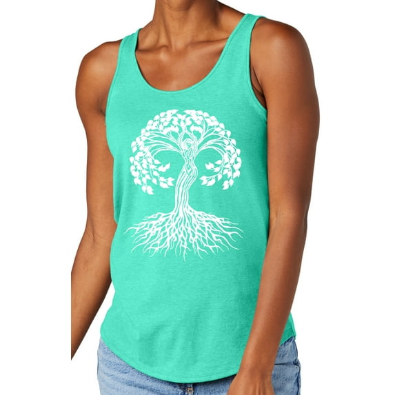 Women's White Celtic Tree Moisture-Wicking Relaxed Yoga Tank Top, Extra-Small Aqua Heather