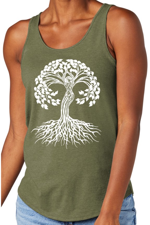 Women's White Celtic Tree Moisture-Wicking Relaxed Yoga Tank Top, Large Military Green