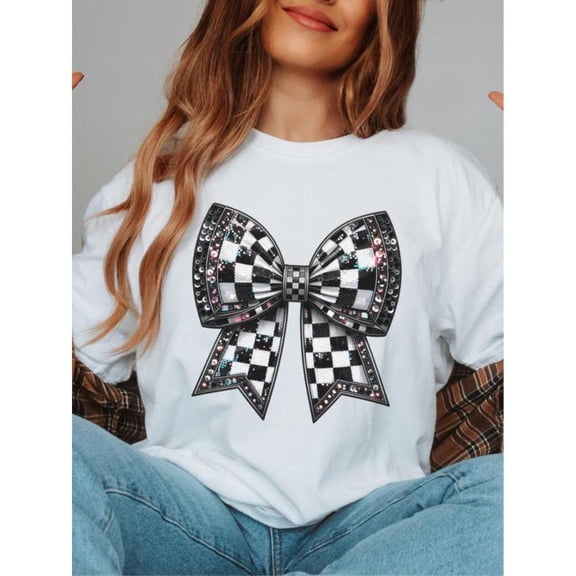 Women's White Checkered Bow with Rhinestones Graphic Tee S-5XL, Stylish Printed T-Shirt Top for Fashion Enthusiasts, Casual Graphic Tees Tops