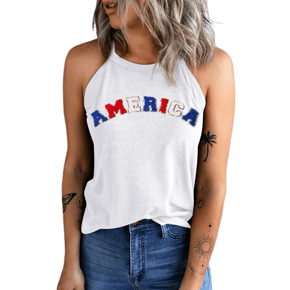 Women's White Chenille AMERICA Graphic Tank Top