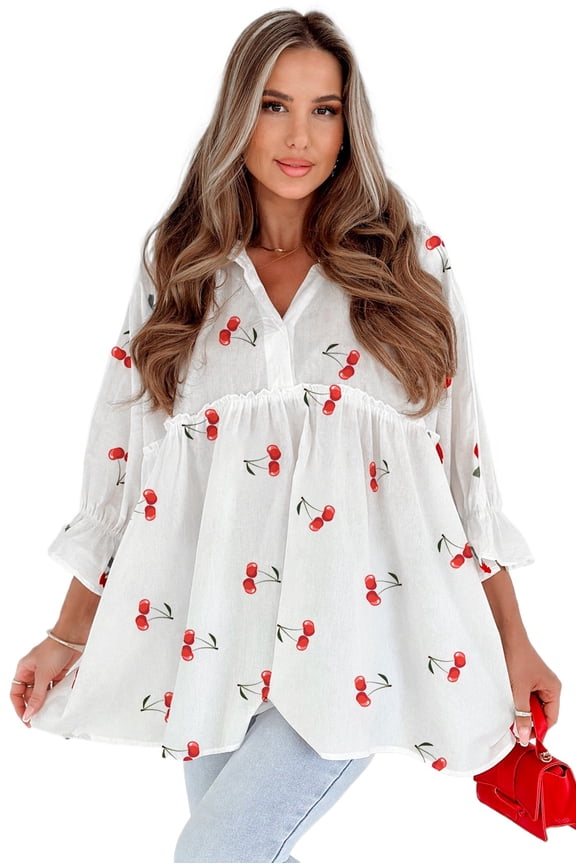 Women's White Cherry Print Flounce Sleeve Collared Frilled Babydoll Blouse, XL