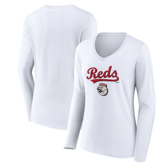 Women's White Cincinnati Reds Team Lockup Long Sleeve V-Neck T-Shirt