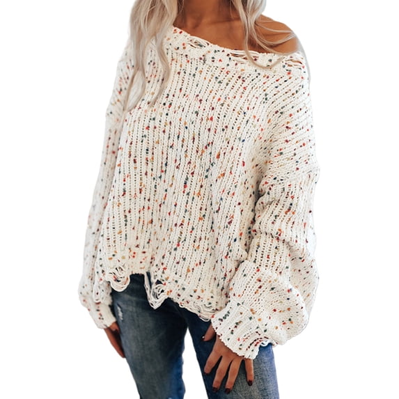 Women's White Colorful Confetti Distressed Knit Sweater